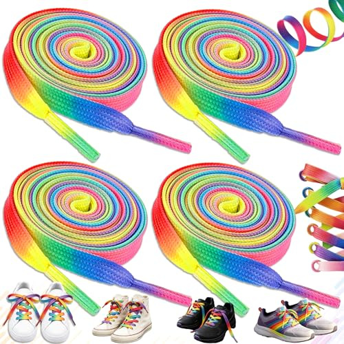 Liekadijiae 4 par färgglada platta skosnören för mode färgglada regnbåge sportskor, platta skosnören 120 cm färggradient för canvasskor sneakers