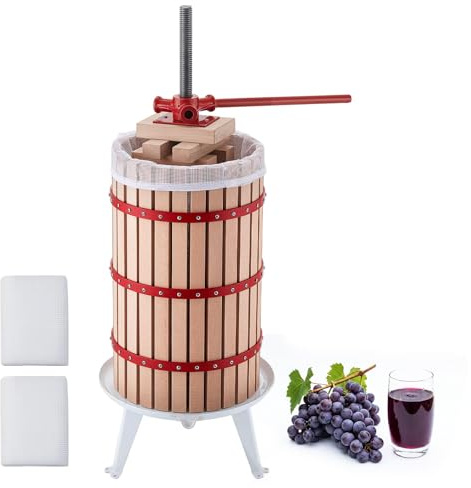 VEVOR Prensa de Frutas y Vino Capacidad de 30 L, Exprimidor Manual Cesta de Madera Maciza de Haya, Prensa de Vino con 2 Bolsas de Filtro, Placa de Prensado, para Hacer Zumo de Sidra, Manzana, UVA