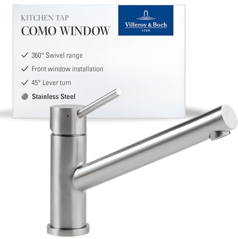 Villeroy & Boch Como Window Hochdruck-Küchenarmatur mit 360° Schwenkbereich, 135 mm Auslaufhöhe, Vorfenster-Installation, komfortabler Bedienhebel, Edelstahl massiv