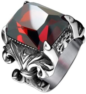 BOBIJOO Jewelry - Grosse Chevalière Bague Pierre Rouge Roi Fleur de Lys Sertie Solide Acier Inoxydable - 68 (12 US)