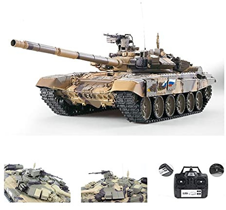 ES-TOYS Panzer ferngesteuert mit Schussfunktion Russland T90 Heng Long 1:16 mit Rauch&Sound und Stahlgetriebe -2,4Ghz - V6.0