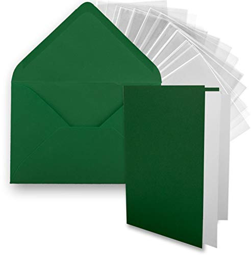 FarbenFroh by GUSTAV NEUSER 50x DIN B6 Faltkarten-Set - Dunkelgrün (Grün) - 11,5 x 17 cm - Doppelkarten mit Umschlägen, Einlegepapier und Cellophanbeutel zum Basteln und Verkaufen
