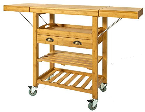 SoBuy Servierwagen mit Rollen aus Bambus – Küchenwagen mit Arbeitsplatte, Beistelltisch Holz mit klappbarer Ablage, Rollwagen Küche – Ideal als Kücheninsel im Industrial Design 135x92x37cm FKW25-N