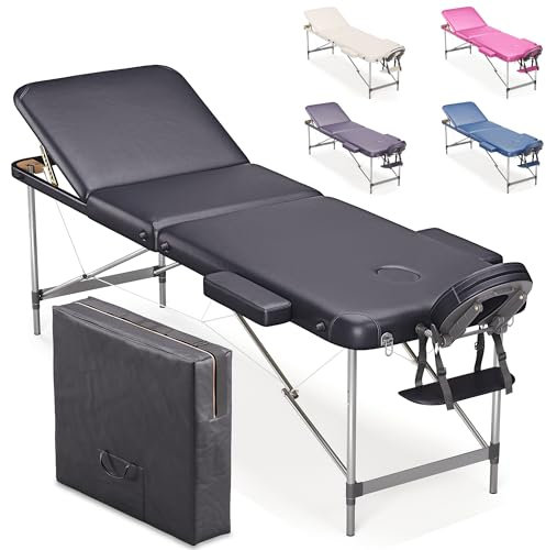 Beltom® Lettino per Massaggi 3 Zone Alluminio 195x70 Cm Portatile Pieghevole Angoli Arrotondati Rinforzati Nero