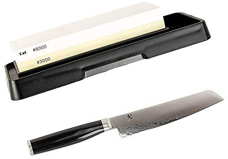 Kai Shun Premier Set Tim Mälzer Minamo TMM-0701 - Cuchillo multiusos (hoja de 15 cm, cuchillo Japón, de acero de Damasco de 32 capas y piedra de afilar KAI)
