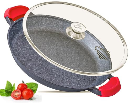 INTIGNIS Paella Pan | Glass Lid |Non-Stick | Anti Scratch | Removable Silicone Handles | Ceramic Coating Chemical Free | Induction & Oven Safe | Heavy-Duty | Stainless-Steel Base (Black, 32 CM)