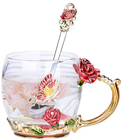XuanMax Rosso Rose Fiori Tazzine da caffè in Smalto con Cucchiaio Farfalla Bicchiere di Cristallo Tazza da tè Fatti a Mano Senza Piombo Tazze di Vetro Trasparente Boccale da Colazione - Corto