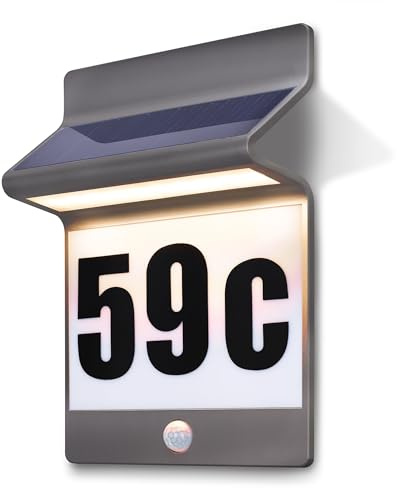 esotec Hausnummer beleuchtet Solar ALU-LINE | DUO COLOR PIR Bewegungssensor Fernbedienung Hausnummernschild außen | LED-Außenleuchte Wandleuchte Hausnummernleuchte | ALUMINIUM wetterfest 102650