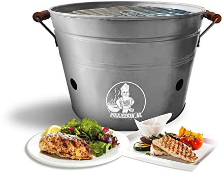 Vikkieerin - Barbecue da tavolo a carbonella, grande, rotondo, portatile, compatto e leggero, stile retrò, colore grigio, diametro 38 cm