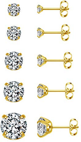 Zysta 5 Paare Ohrstecker Set Zirkonia Ohrringe 20Ga Ohrstecker Silber/Gold/Rosegold/Schwarz Ohrschmuck Ohrpiercing für Damen Mädchen Herren, Ohrringe Größe in 3/4/5/6/8mm (Gold)