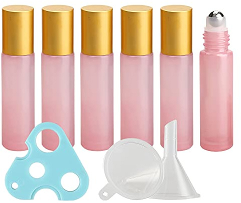 TIANZD 6 Stück Leere 10ml Rosa Glas Roller Flaschen mit Gold Alu Schraubverschluss, Roll-On Glasflaschen mit Glasroller für Ätherische Öle Essential Oil mit Trichter Öffner