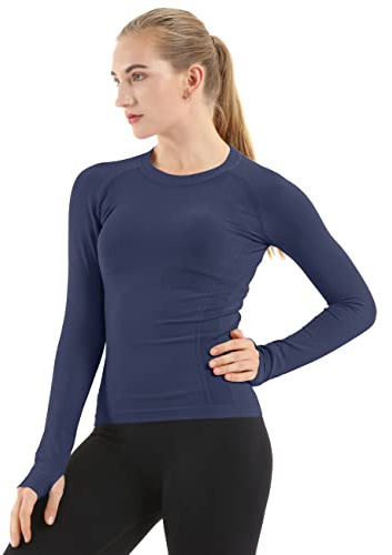 MathCat Seamless Workout Shirts for Women Long Sleeve Yoga Tops Sports Running Shirt Breathable Athletic Top Slim Fit(small,Navy)