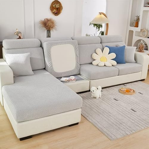 Funda de Asiento de Sofá - Elástica, Antideslizante para Cojín de Sofá y Chaise Lounge en Forma de L (Gris Claro)