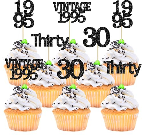Gyufise 24Pcs Vintage 1995 Cupcake Toppers Cheers to 30 Fabulous Thirty Cupcake Picks Decorations for 30th Birthday Wedding Anniversary Party Supplies Black