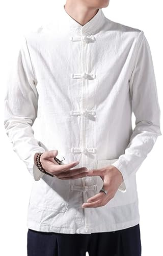 Spring and Autumn Chinese Long Sleeve Shirts White Tang Suit Hanfu Men's Oversized Jacket Kung Fu Tai Chi Top White 3XL