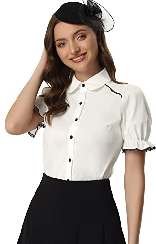 Allegra K Peter Pan Collar Shirt for Women 2026 Vintage Puff Short Sleeve Button Down Blouse Tops Small White