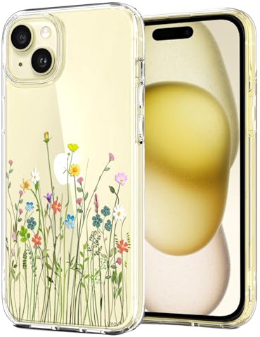 Unov Hülle für iPhone 15, Handyhülle Klar mit Motiv, Blumen Blumenstrauß | Transparente Schlank Guter Halt, Rutschfest Prägung Muster, Stoßfest Schützende, Erhöhter Kameraschutz, Kratzfest Weich TPU