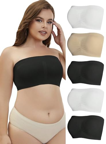 MakeMeChic Women's Plus Size 5 Pieces Ruched Front Strapless Bra Seamless Stretchy Bandeau Tube Top Bra Set Multicolor 3X-Large Plus