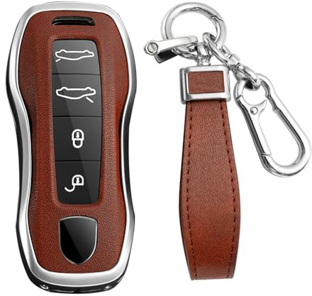 KUNIO Keyless Key Case fit for Porsche 911 971 9YA for Macan for Panamera Boxster Taycan for Cayenne Carrera Key Cover Case Metal Key Cover Key Ring Cover A Silver Brown