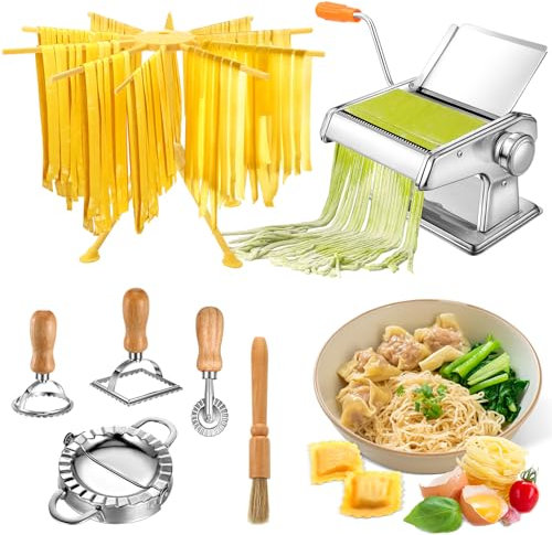 Baderke Máquina para hacer pasta con estante de secado de pasta y cortador de sellos de raviolis, prensa manual de acero inoxidable, grosor ajustable para espaguetis, fettuccini, lasaña o pieles de