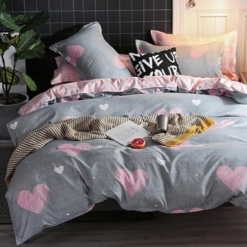 Housse de Couette Cœur 220x240 Rose et Gris + 2 Taies d'oreiller 65x65 cm