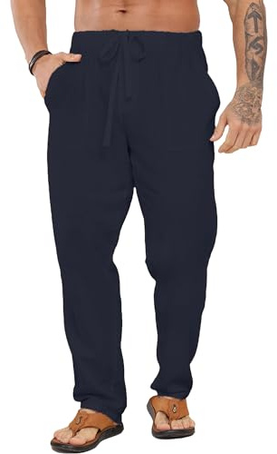 LVCBL Pantalon en Lin pour Homme - Pantalon d'été Long et Large - avec Cordon de Serrage - avec Poches - Aéré - Protection Solaire, Marine 2XL