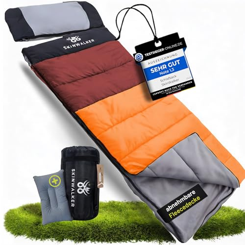 SkinWalker Schlafsack [Kleine Größe bis 1,70m Körpergröße] 3-4 Jahreszeiten mit abnehmbaren Fleece + Kopfkissen [-15°C bis +20°C] Deckenschlafsack Schlafsack Camping, Sleeping Bag Jugendliche