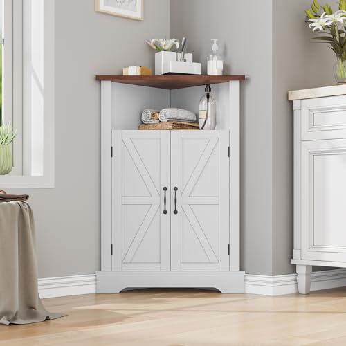 Mino Kesper Bathroom Corner Cabinet,Farmhouse Floor Corner Cabinet with Doors and Adjustable Shelves, Freestanding Wooden Storage Hutch Cupboard for Bathroom, Kitchen, Living Room, White