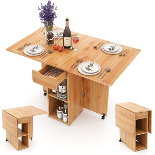 LIFEZEAL 3 in 1 Tavolo da Pranzo, da Cucina, Console, 120x77cm, 4-6 Persone, Pieghevole, Allungabile, con 2 Ruote, 1 Cassetto, 2 Ripiani, in Legno, per Sala da Pranzo, Soggiorno, Max 95 kg (naturale)