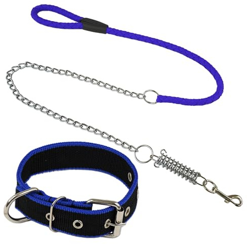 CHECKBO Collar y Correa Antitirones de Nylon para Perro, Juego de Collar Ajustable y Correa con Amortiguador, Ideal para Adiestramiento y Paseos Seguros (Azul, L)