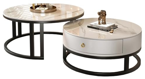 jwfxiaodige Satztisch-Couchtisch, 2er-Set, Wohnzimmertisch Rund mit Schublade, Hochharte, Glänzende Steinplatte, Geräuschlose Schublade aus Massivholz, Freies Kombinationsdesign(White)