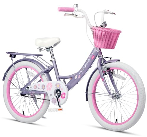 Glerc Maggie 20 tums flickcykel för 7-8 9 10 11 12 13 år gamla flickor, barncykel med bagagehållare och frontkorg och sidostativ, lila