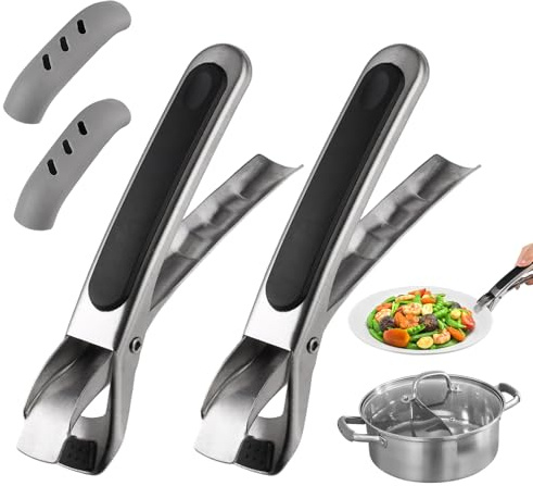 2 Pezzi Pinze per Friggitrice Ad Aria Calda con 2 Pezzi Manico In Gomma | Pinze per Piatti Antiscivolo In Acciaio Inox, Antiscivolo Pinza Antiscottatura per Piatti, Ciotole, Tazze, Pentole (Nero)