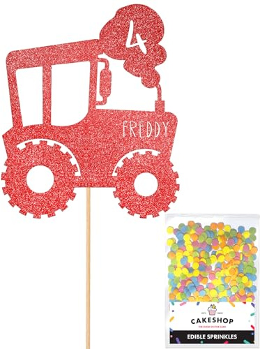 Personalised Farm Tractor Glitter Cake Topper- Red Any Custom Age & Name Glitter Cake Decoration and Sprinkles - Happy Birthday Decorations - Personalised Toppers for Cakes by Cakeshop