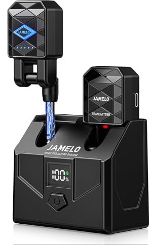 JAMELO Sistema de guitarra inalámbrico con estuche de carga, receptor transmisor de guitarra de baja latencia de <5 ms con 4 canales, 15 horas de reproducción, cable jack inalámbrico recargable para