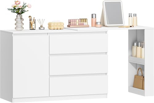 Hzuaneri Coiffeuse avec Tiroirs, Coiffeuse d'angle en L, Dressing Table avec 1 Meuble de Rangement et 2 étagères Ouvertes, Chambre, Salon, Moderne, Blanc DT42803XEU