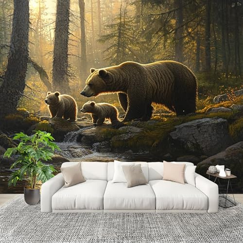 Papel Tapiz 250x175cm Oso Animal Del Bosque Decoración De Pared Sala Cuarto Oficina Salón Papel Pintado a Prueba de Humedad Verde Fotomural limpiable - Mural de Papel Pintado