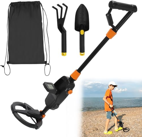 Metalldetektor Kinder, Leichtgewicht Metallsuchgeräte mit LCD und Tonanzeige, Hochempfindlicher Metalldetektor mit Wasserdichter Suchspule, mit Schaufel, Rechen und Rucksack, für Kinder Anfänger