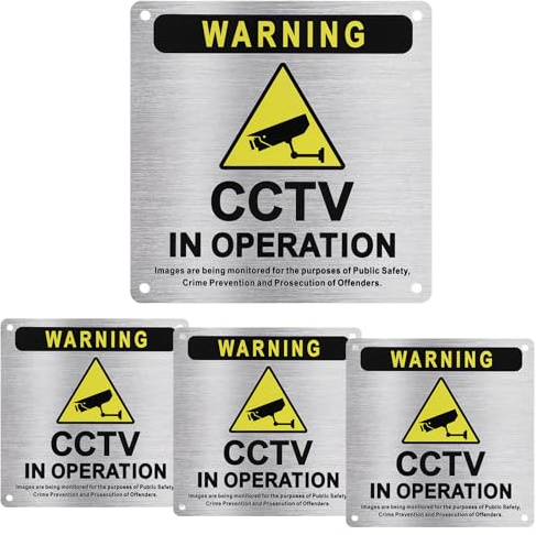 CCTV in Operation Sign with Self Adhesive, 4PCS CCTV Warning Signs Aluminum 5.9x5.9 Inches Security Camera Signs for Store, Home, Office, Warehouse