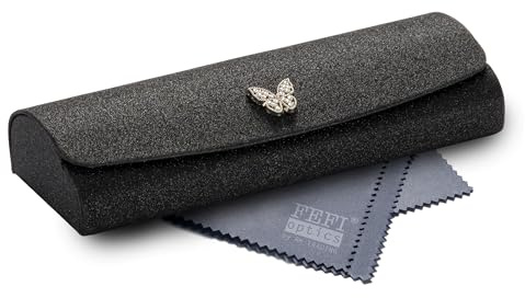 FEFI Brillenetui Hardcase - Applikation mit Strass Schmetterling - samtig glänzend, inkl. Mikrofasertuch - Hartschale Magnetverschluss Brillenetui Damen Unisex Schwarz
