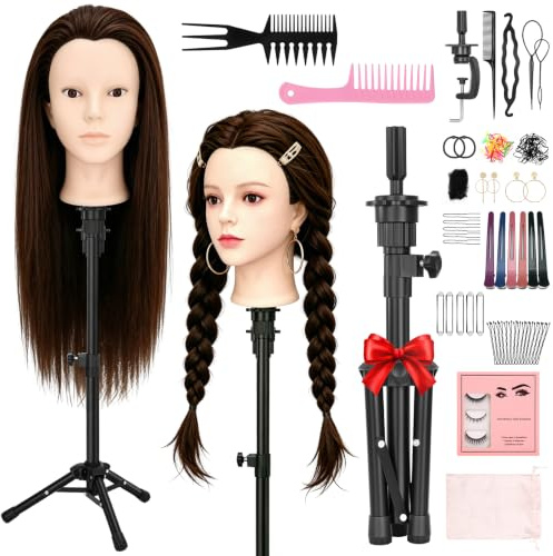Yofuly 61 cm (24 tum) toaletthuvud med stativ, 80 % äkta hår övningshuvud dockhuvud med öronhål, make-up styling träningshuvud med bordsklämma + ögonfransar + gör-det-själv-flätset (brun)