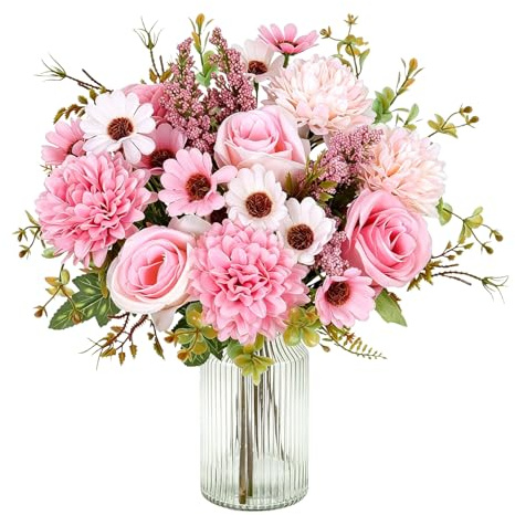 Ramo de Flores Artificiales Rosa 4 Piezas con Rosas dalias y Margaritas | Flores de tela sin mantenimiento para jarrón mesa boda bricolaje interiores y exteriores protegidos