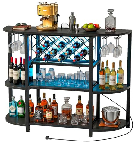 Homieasy Vinoteca Botellero Mueble Bar con LED RGB USB-C Industrial | Madera y Metal, 120 X 40 X 91 Cm, Para Cocina y Salón