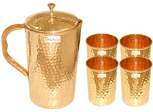 Brocca di rame puro e 4 bicchieri d'acqua indicati, prodotto unico per la guarigione ayurvedico, capacità di 1,6 litro
