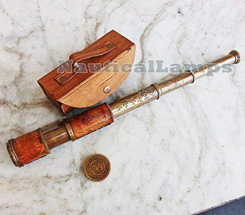 Safa Nautical Vintage Handgefertigtes Nautisches Teleskop Messing Pirat Antik mit Lederbox Spyglass Zielfernrohr Geschenk