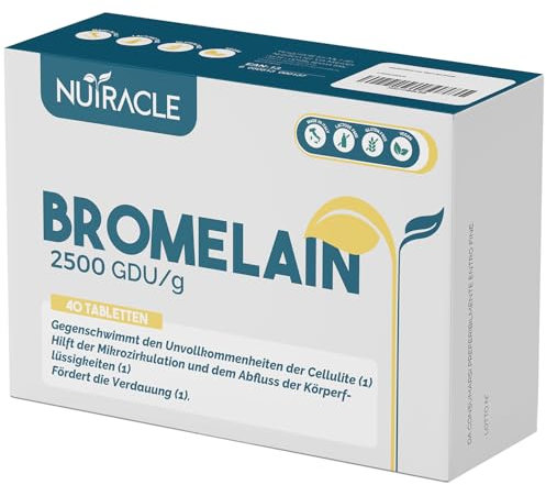 Nutracle Bromelina 2500 GDU/g 40 Tabletten à 500 mg - Entwässerndes Ergänzungsmittel - Anticellulite und Wasserretention in den Beinen - Diuretikum und Verdauungsförderer (40 Einheiten, 1 Packung).