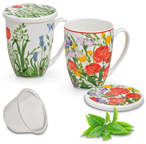 Tassen 2er Set in weiß mit Blumen - Süße Teetasse mit Deckel und Sieb für 300ml - Außergewöhnliche Teetassen spülmaschinenfest und mikrowellengeeignet als Geschenk