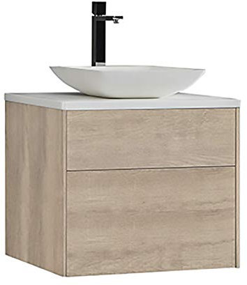 StoneArt Badmöbel Set Mineralguss Waschbecken Waschschale Aufsatzwaschbecken und Unterschrank Waschtisch Einzel- oder Doppelwaschbecken Venice VE-0600pro-2 Eiche hell 60cm