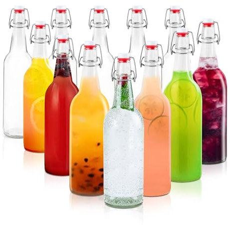 Barcaloo 473 ml klara ölflaskor i glas för hembryggning – öl, kombucha, läsk, juice, jäsning, 12-pack glasflaska med lock topplock