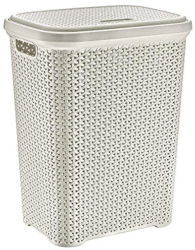 Rattan Design Plastic Laundry Hamper Storage Basket 55L With Lid (Cream)